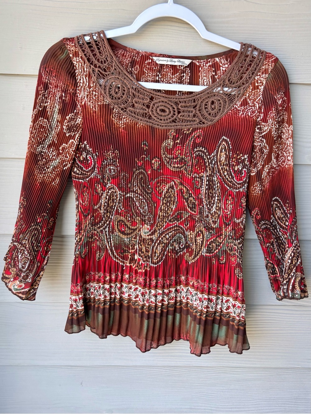 Boho Paisley Pleated Crochet Lace Top Y2K Earthy Blouse